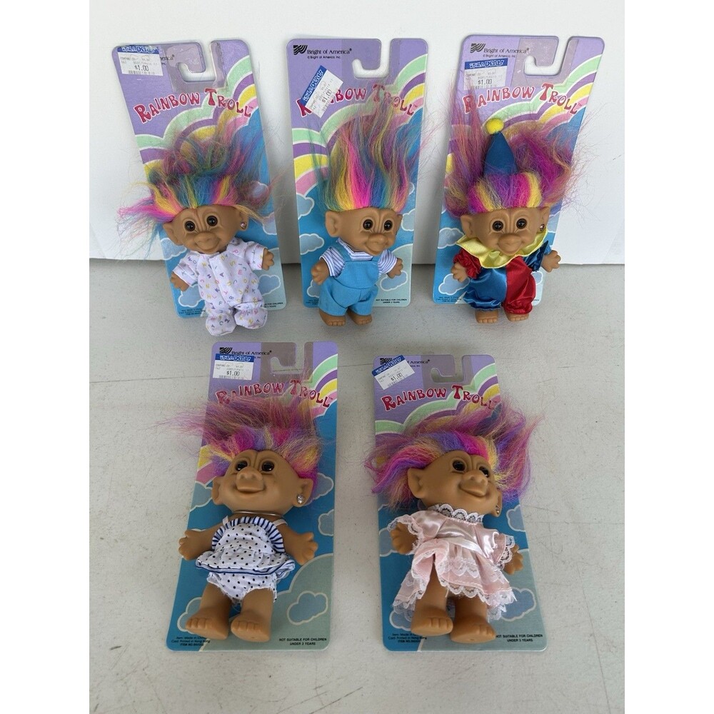 Lot of 5 Vintage 1990s Bright of America Rainbow Troll Dolls NOS Carded